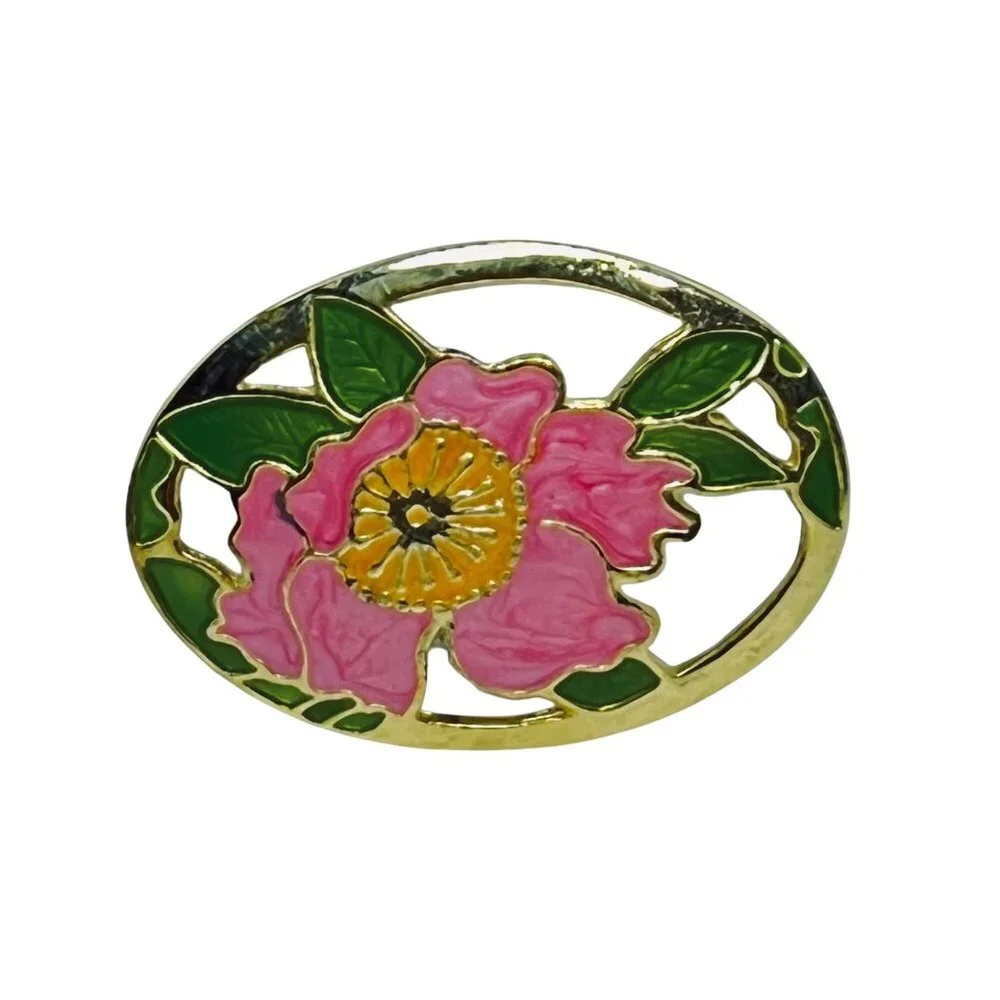 Pink & Green Enamel And Gold Tone Lotus Flower Brooch Made In Thailand (5643) - Picture 1 of 5